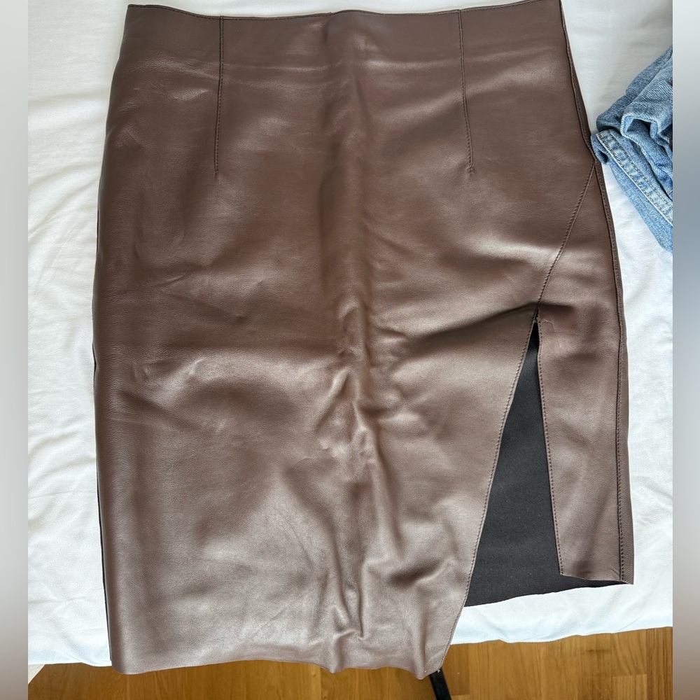 Brown 100% Sheep Leather Midi Skirt with Front Slit